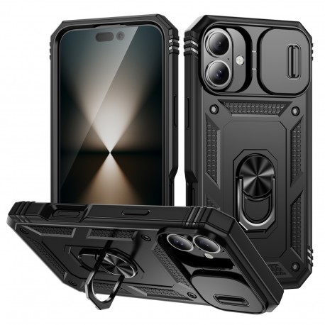 iPhone 16 Plus Hybridskal med Ringh&aring;llare & Kameraskydd - Svart-iPhone 16 Plus-Shockproof.se