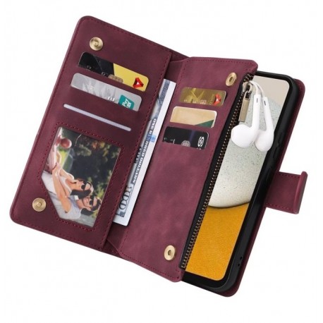 Samsung S25 Multifunktionellt Pl&aring;nboksfodral Zipper 8-Fack Vinr&ouml;d-Samsung S25-Shockproof.se